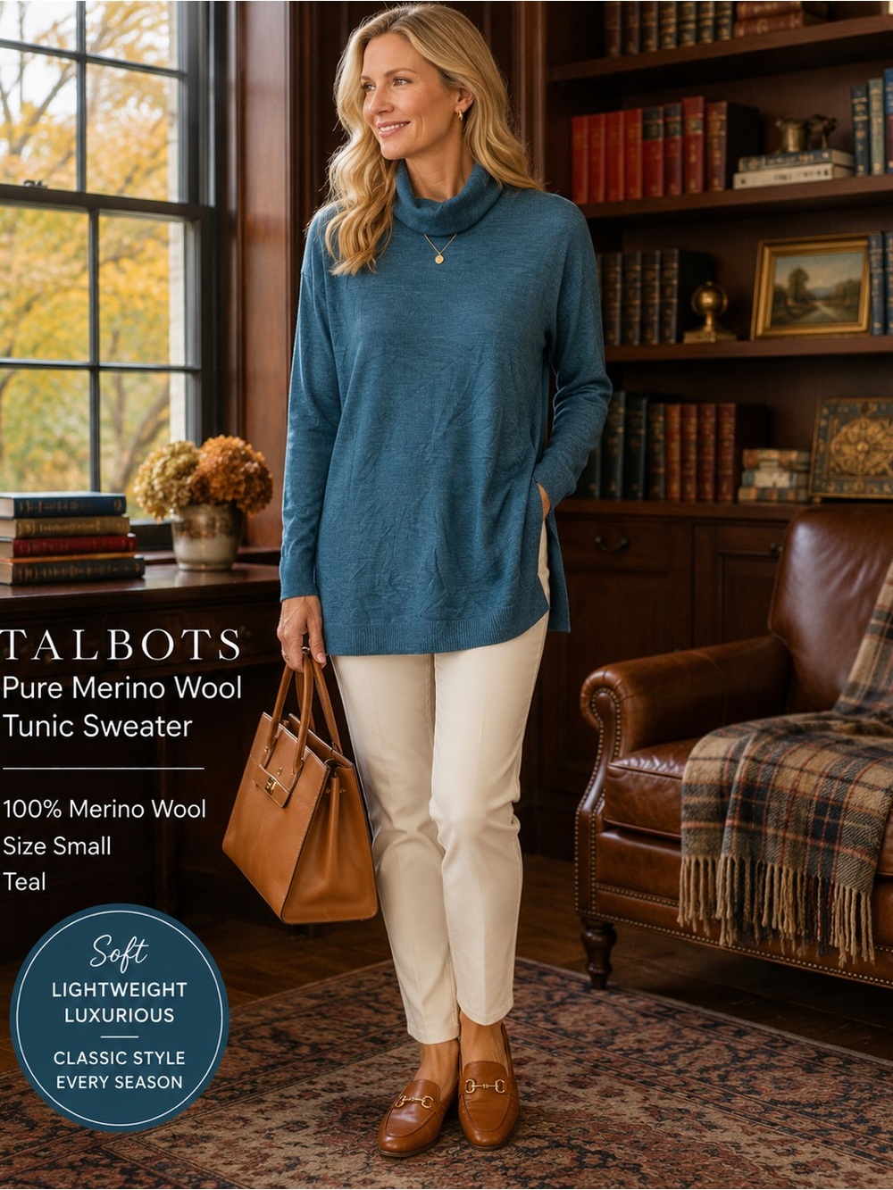 Talbots Pure Merino Wool Tunic Sweater S Teal Turtleneck Quiet Luxury